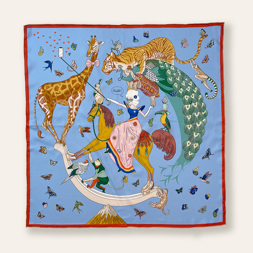Blue Trim Masquerade Square Mulberry Silk Scarf 70x70cm