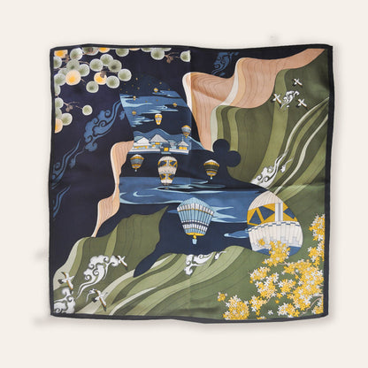 Miyazaki Anime Inspired Silk Scarf - Deep Tones, 100% Mulberry Silk 70x70cm