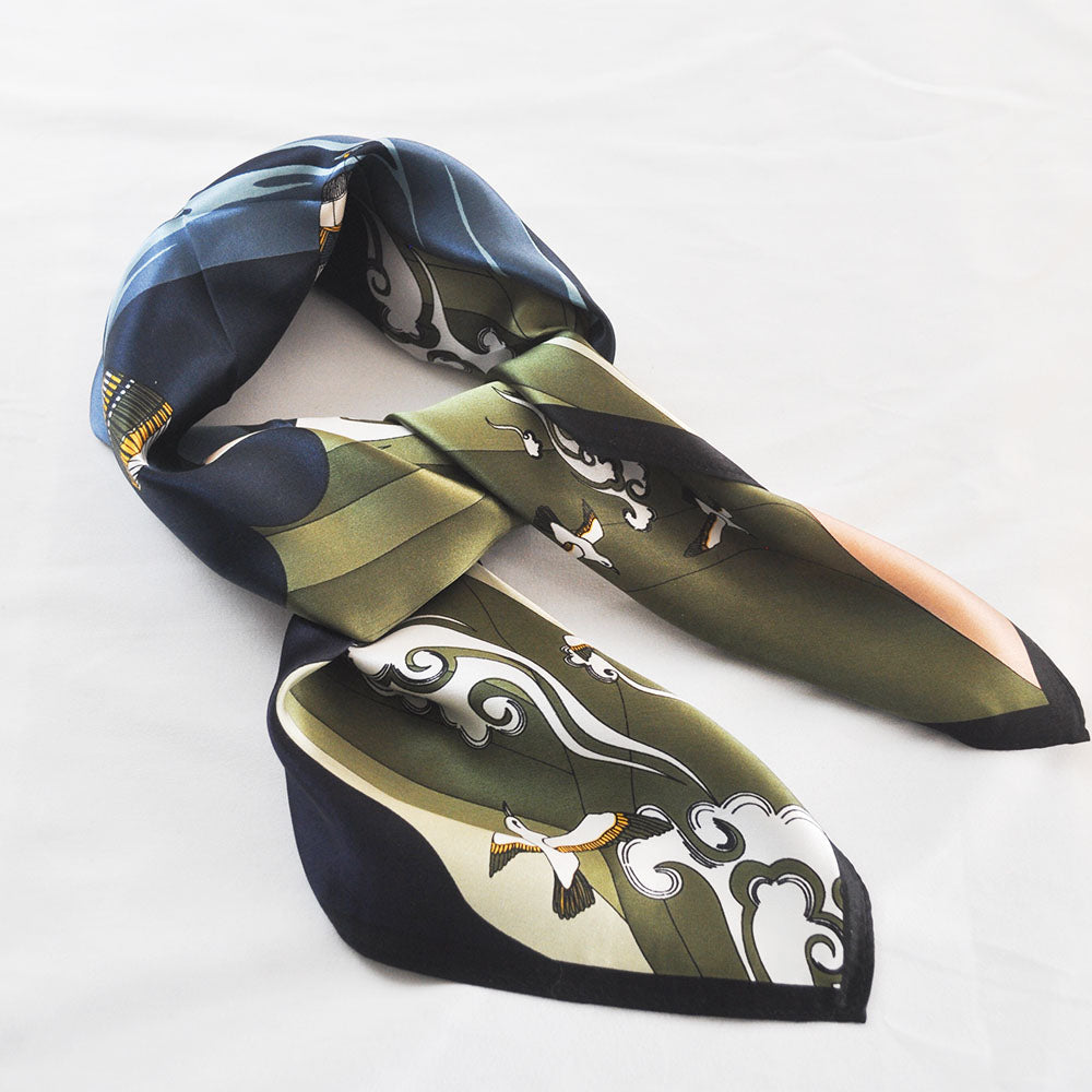 Miyazaki Anime Inspired Silk Scarf - Deep Tones, 100% Mulberry Silk 70x70cm
