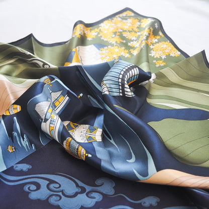 Miyazaki Anime Inspired Silk Scarf - Deep Tones, 100% Mulberry Silk 70x70cm